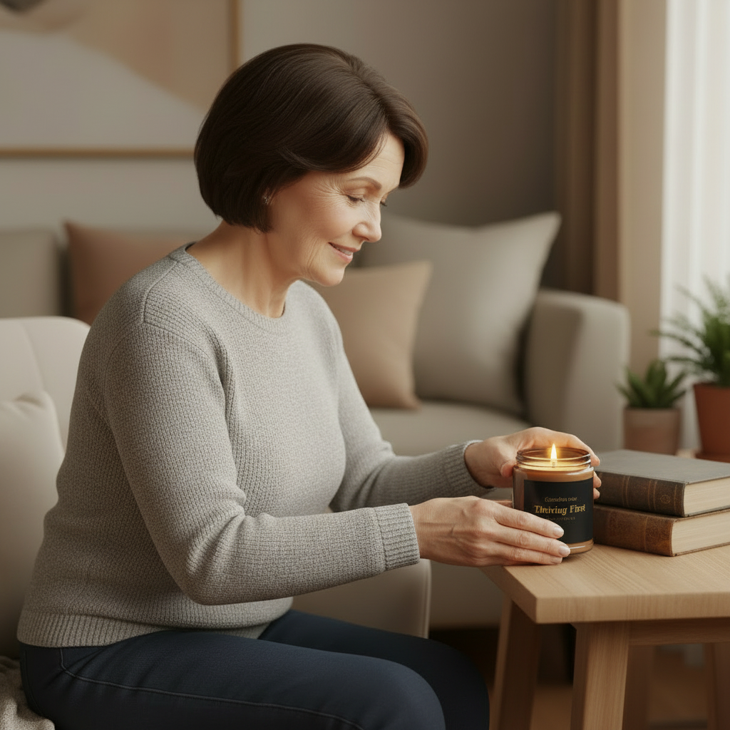 Grandma Placing Candle on Study Table