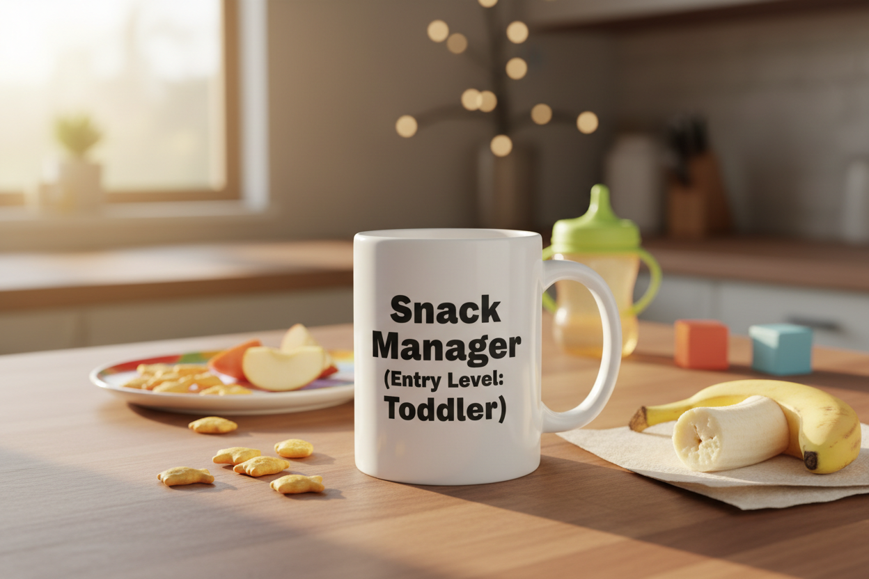 Snack Manager Entry Level Toddler ceramic mug on a kitchen counter surrounded by toddler snacks in warm morning light