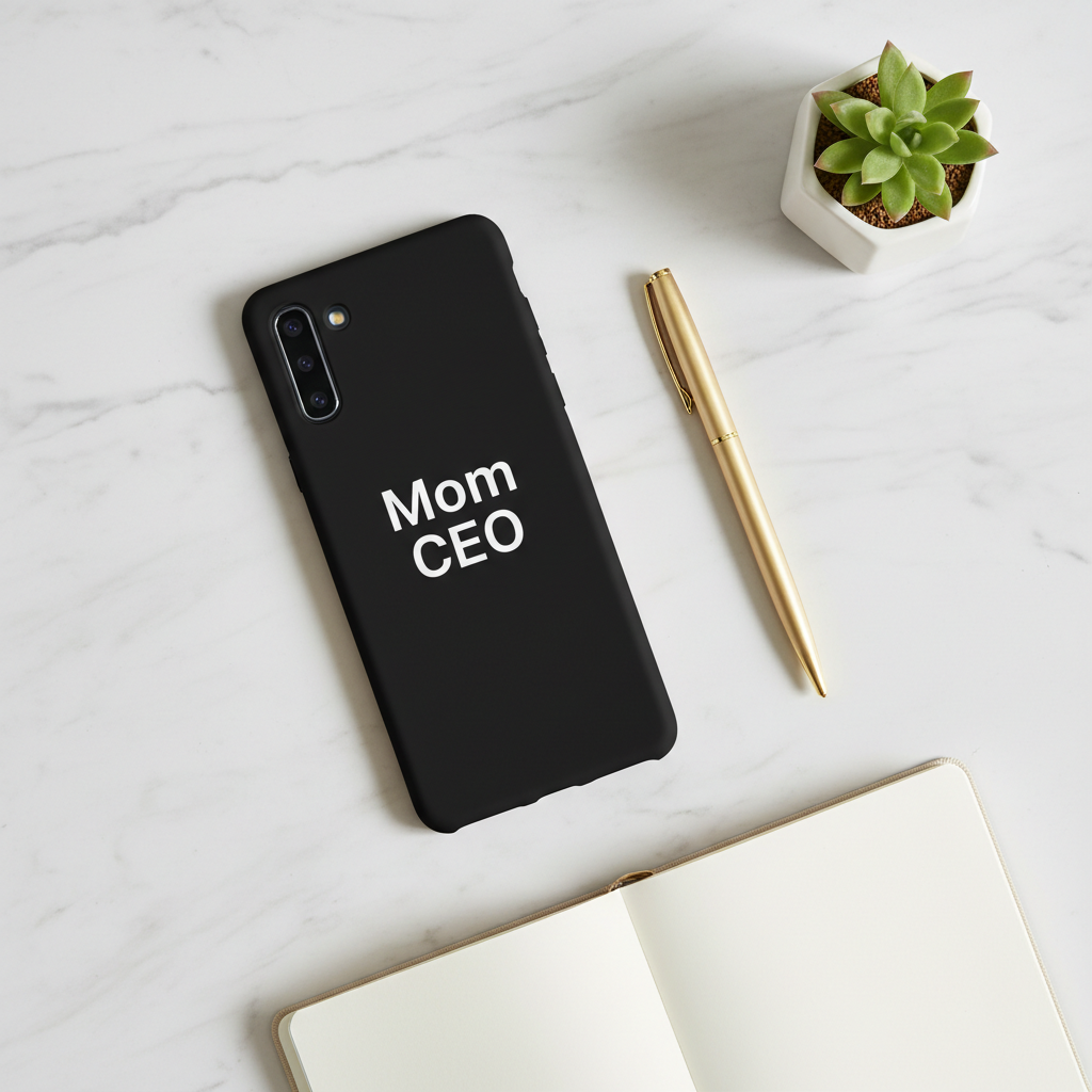 Mom CEO phone case flat lay on marble desk with gold pen and succulent