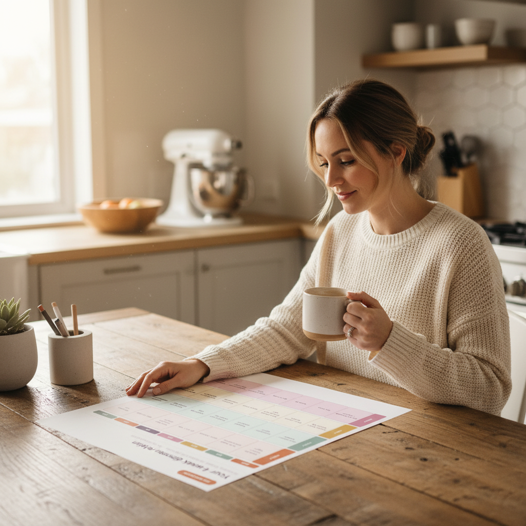 Mom at kitchen table reviewing printed 4-week dinner rotation calendar with coffee on a Sunday morning