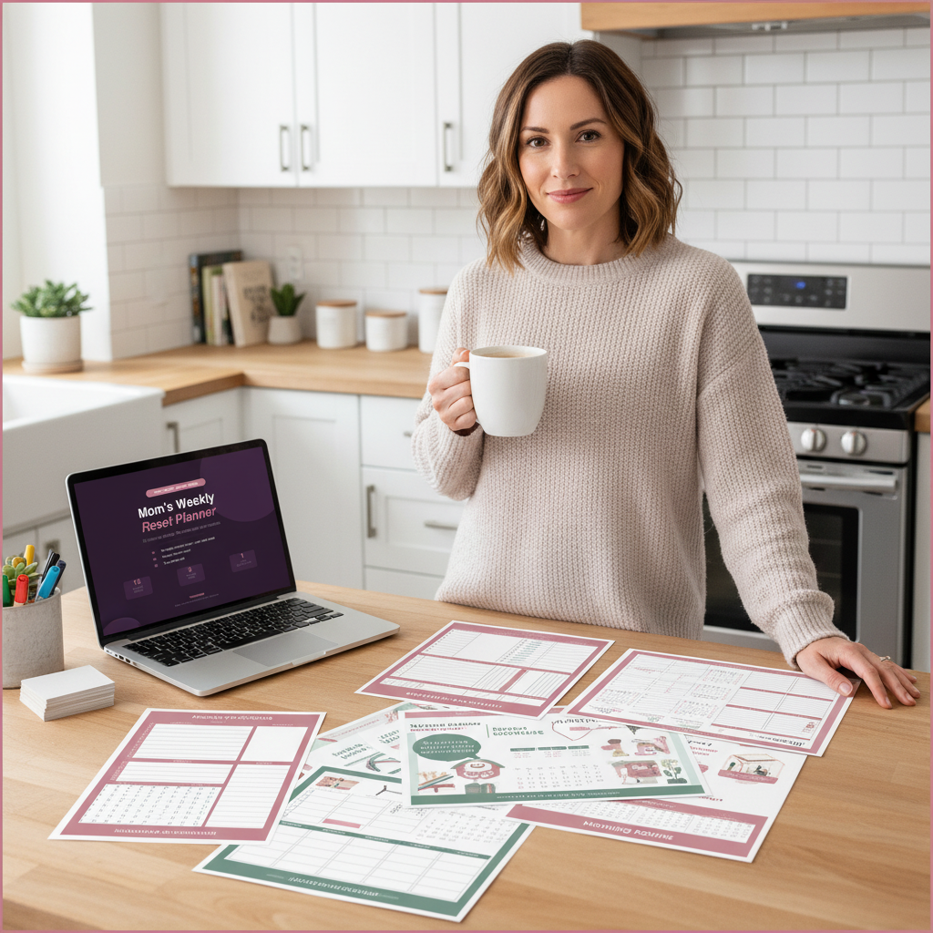 Mom at kitchen counter with printed back-to-school planning sheets and coffee looking calm and prepared