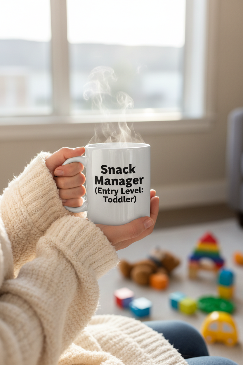 Snack Manager Entry Level Toddler ceramic mug held by a mom with steam rising, cozy living room background with toys