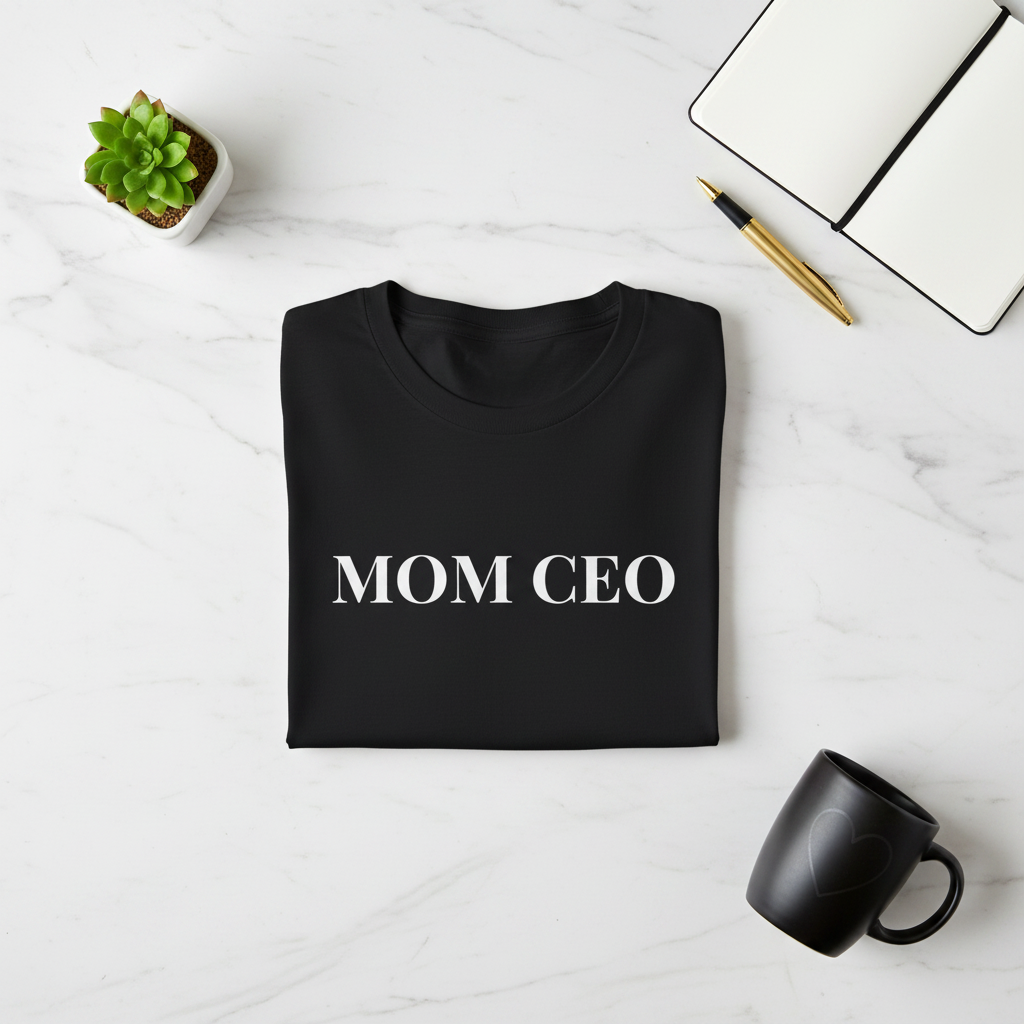 Flat lay of black Mom CEO t-shirt on marble with mug, notebook, succulent and gold pen