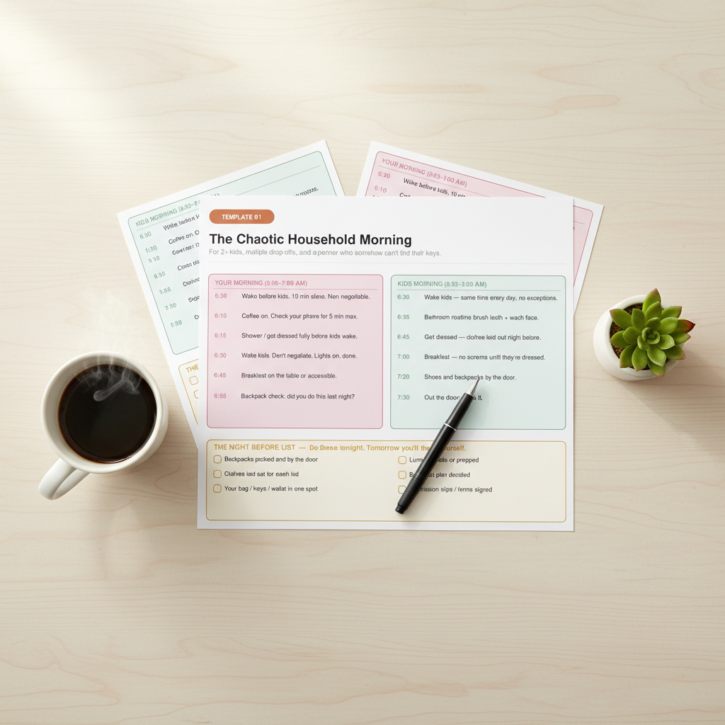 Flat lay of morning routine builder worksheets with coffee, pen, and succulent on light wood surface