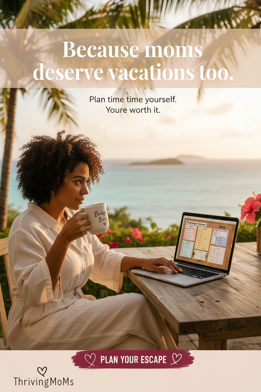 Mom relaxing in tropical setting with laptop showing travel planner