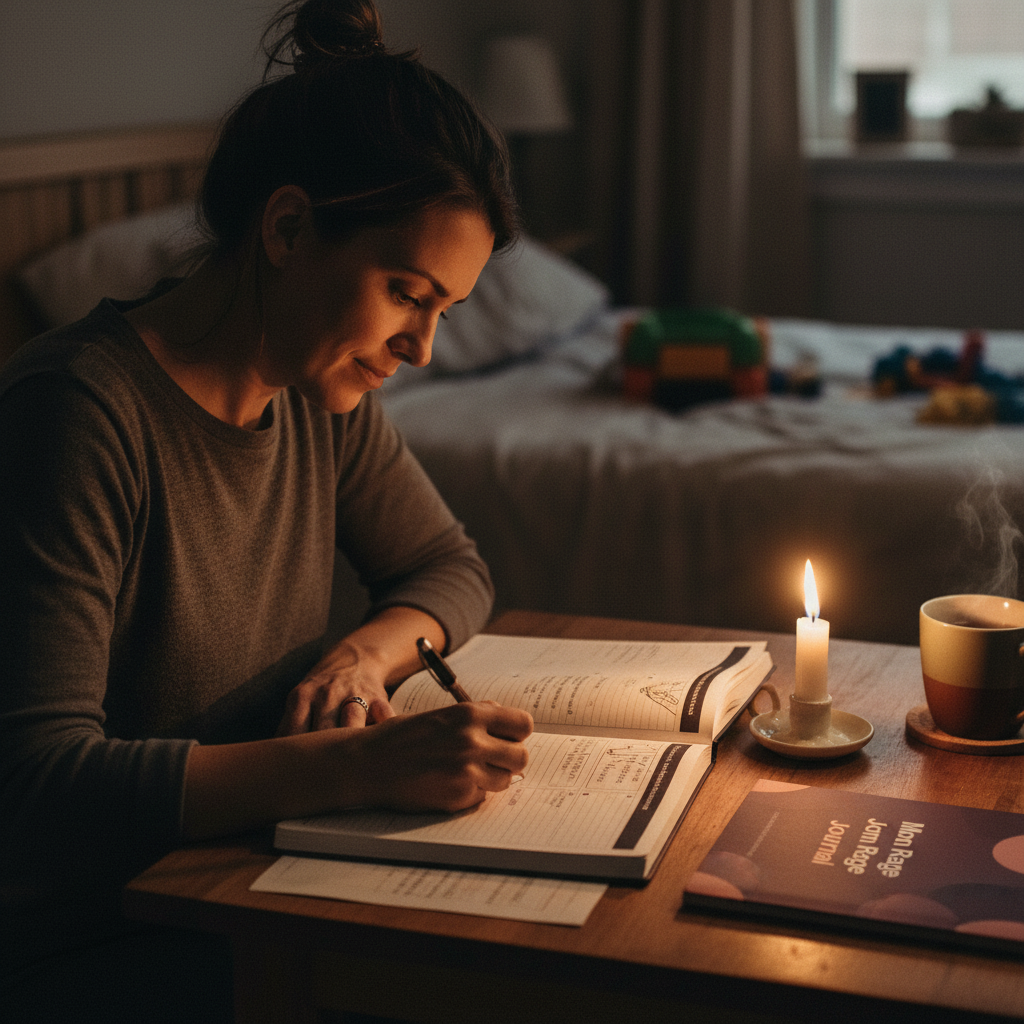 Mom sitting alone writing intensely in Mom Rage Journal worksheet by candlelight with expression of relief and release