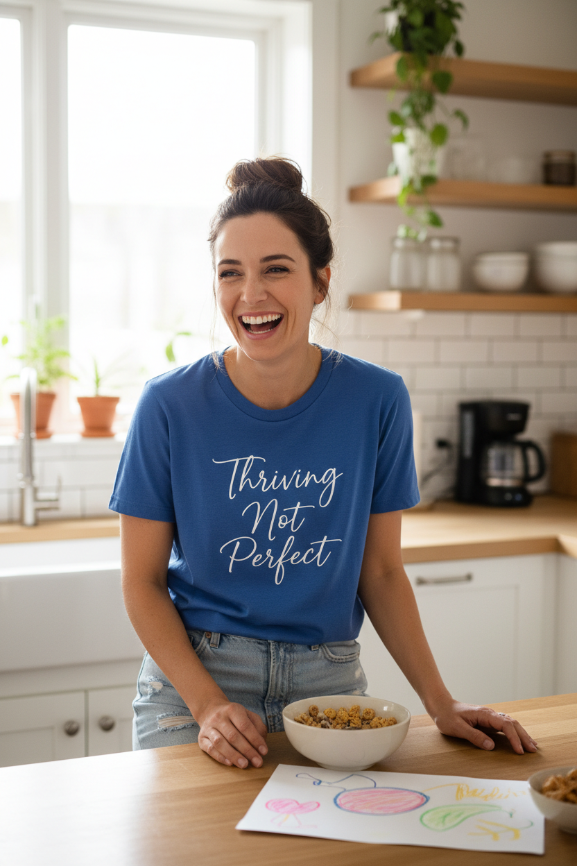Thriving Not Perfect T-Shirt in Royal Blue — mom laughing in kitchen — ThrivingMoms