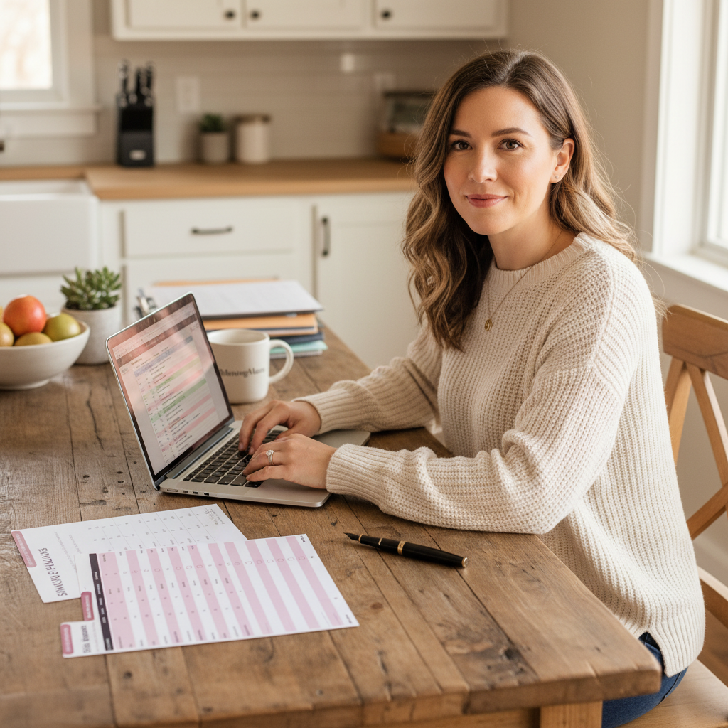 Mom at kitchen table with printed bill due dates tracker and laptop open to spreadsheet looking focused and confident