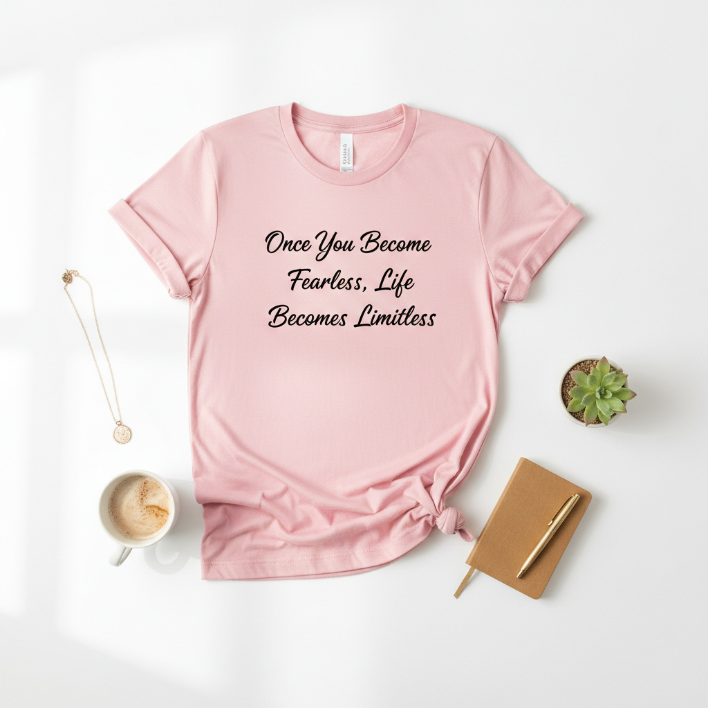 Fearless Limitless inspirational t-shirt light pink flat lay