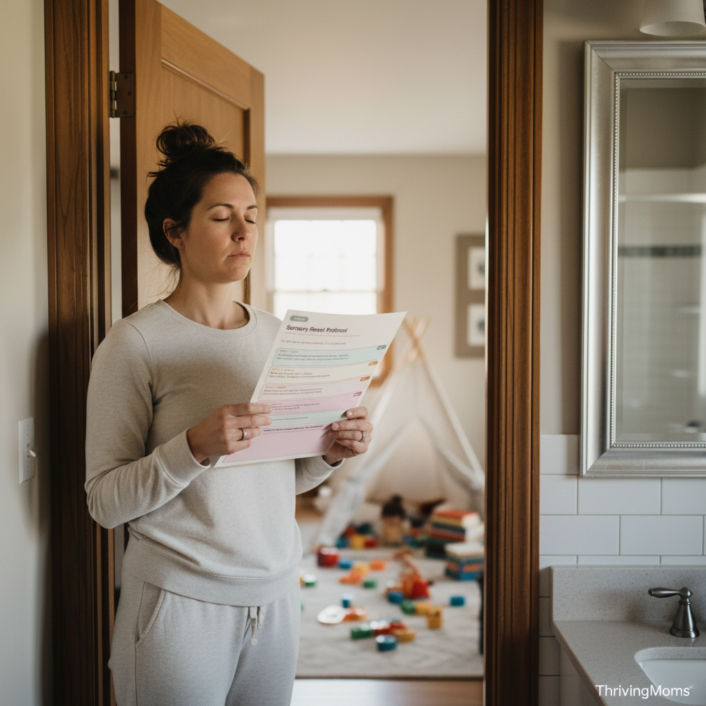 Mom standing in bathroom doorway eyes closed doing Sensory Reset Protocol breathing exercise with printed sheet in hand