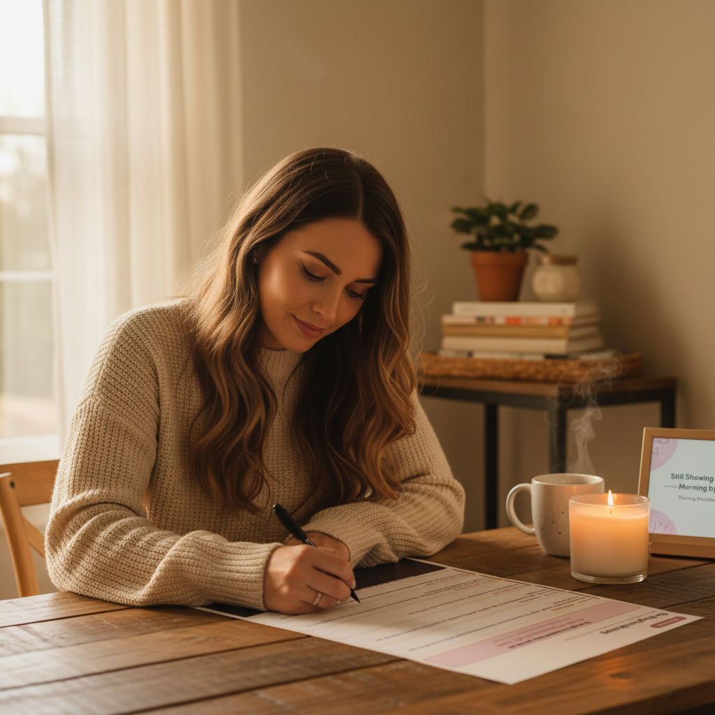 Mom sitting at desk in early morning filling out morning routine planner with candle lit nearby