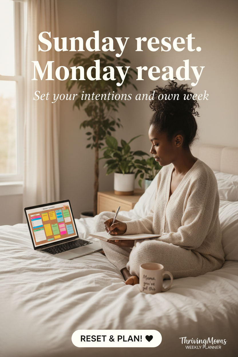 Mom on bed with laptop showing cork board weekly planner