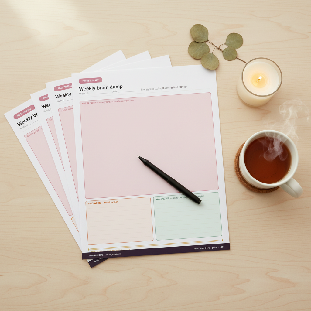Flat lay of Mom Brain Dump System printed worksheets with pen, candle, and tea on a light desk