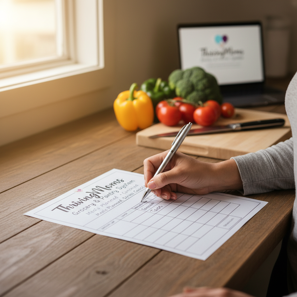 Close-up of mom's hand writing weekly meal plan on printed worksheet with fresh vegetables and cutting board in background