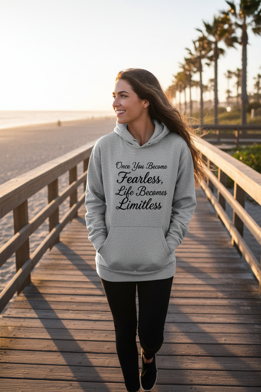 Fearless Limitless sport grey hoodie lifestyle beach boardwalk sunrise