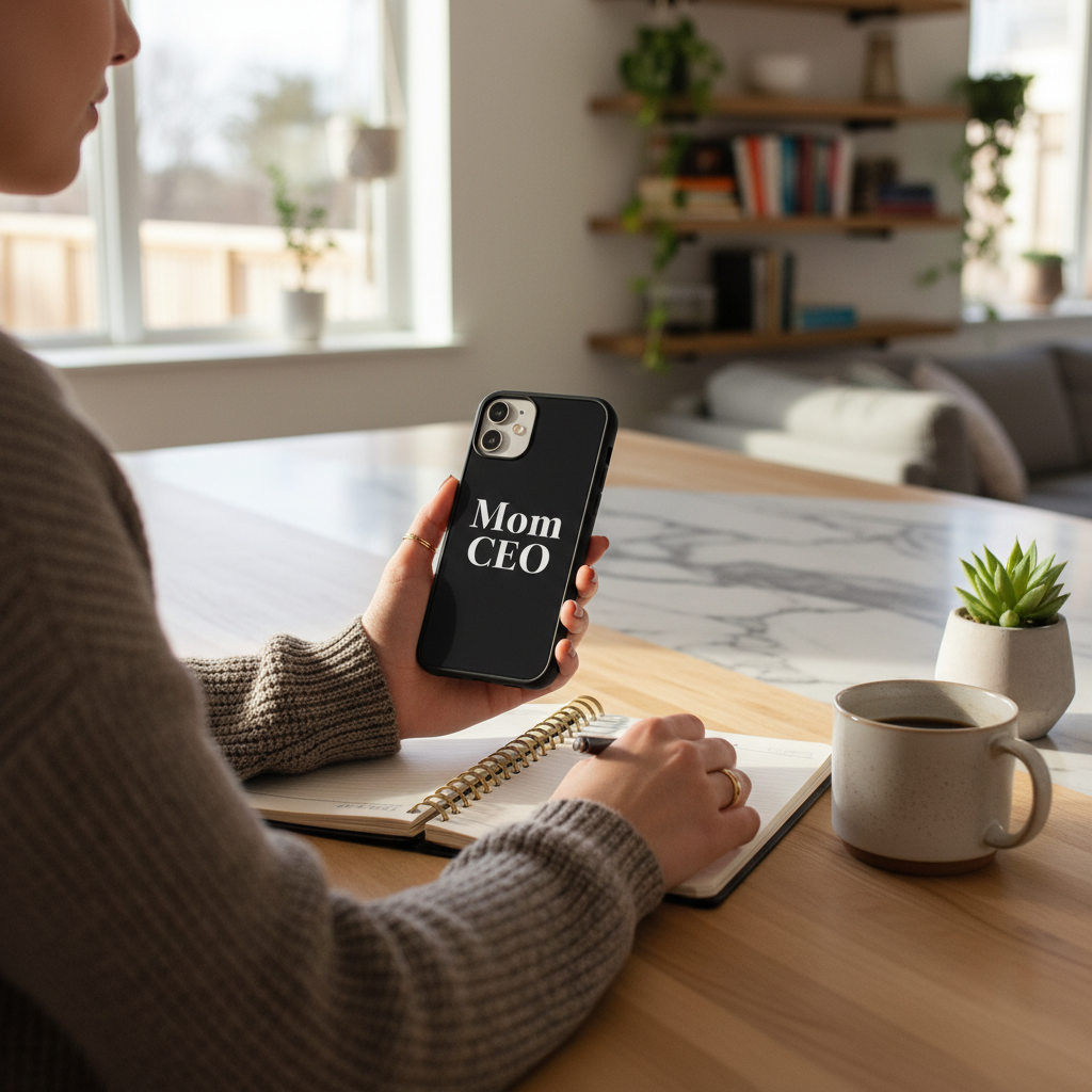 Mom holding Mom CEO phone case at kitchen island with coffee and planner