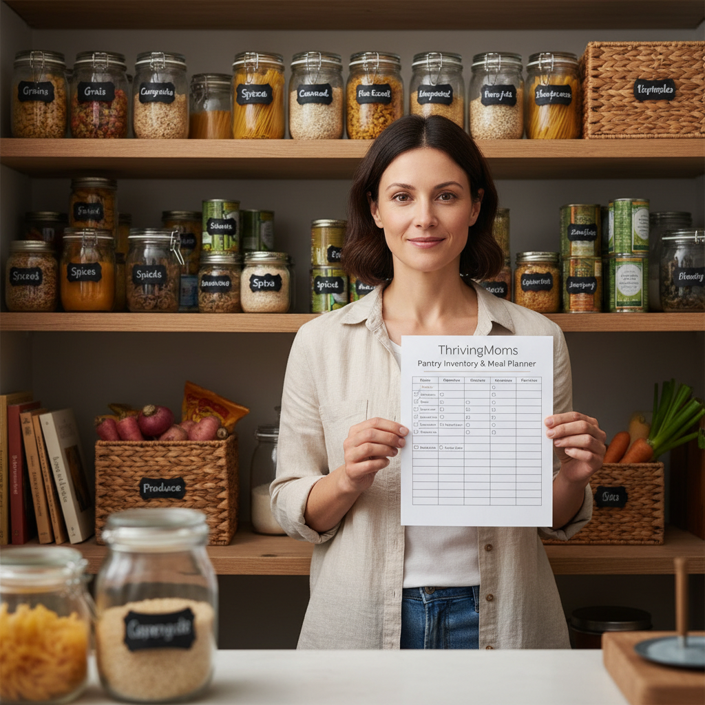 Mom standing in organized pantry holding printed pantry inventory checklist with neatly arranged shelves behind her