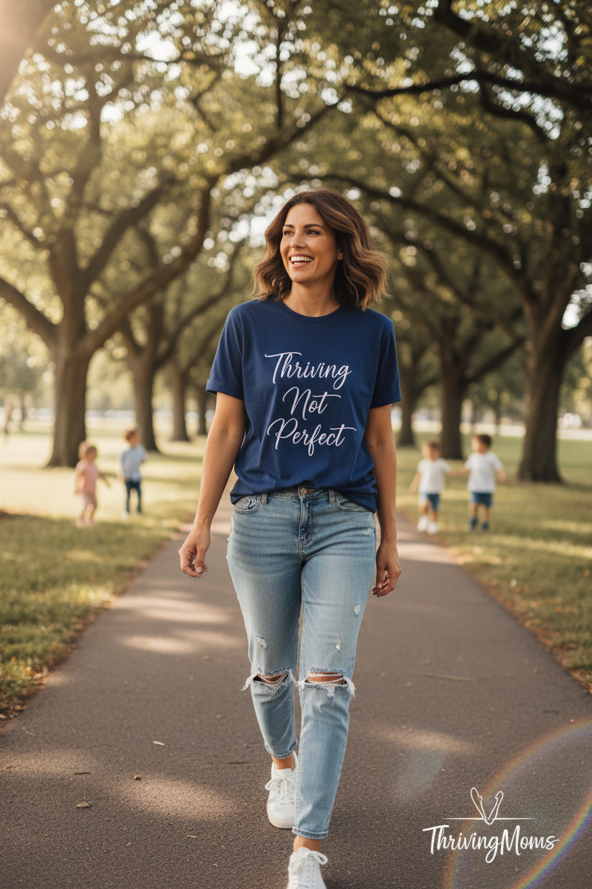Thriving Not Perfect T-Shirt in Navy — mom walking in park — ThrivingMoms