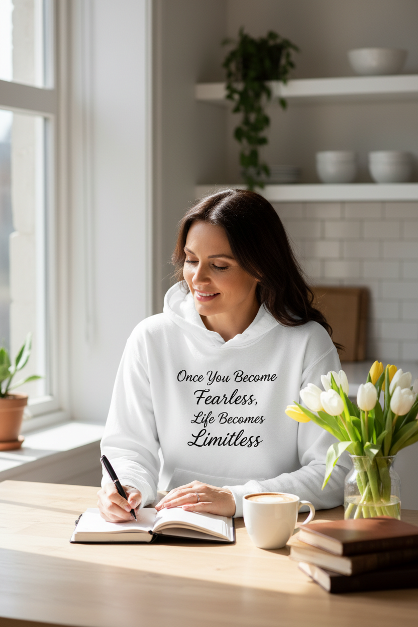 Fearless Limitless white hoodie lifestyle morning journaling