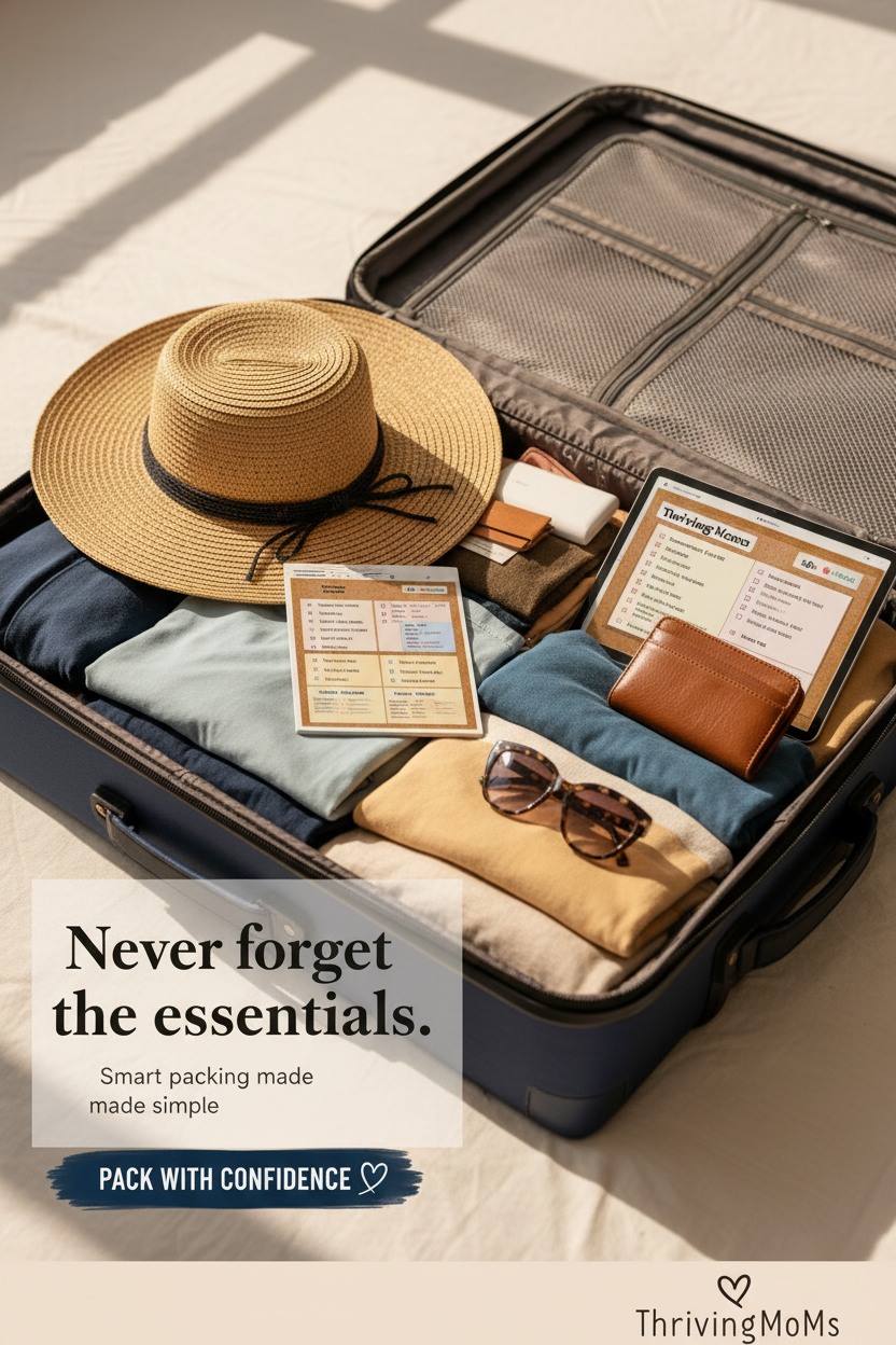Suitcase packing flat lay with ThrivingMoms travel planner packing checklist