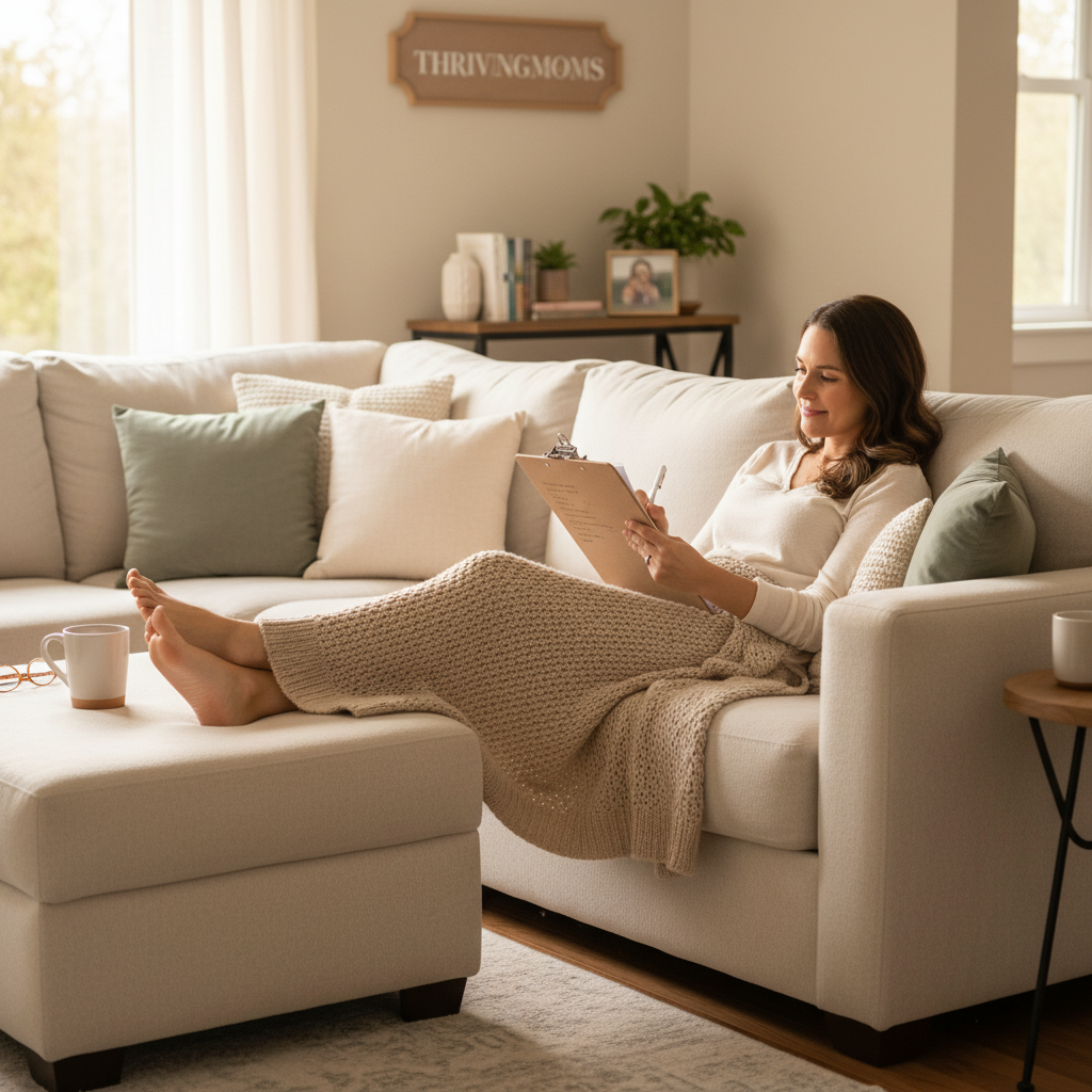 Mom relaxing on couch filling out brain dump worksheet on a clipboard