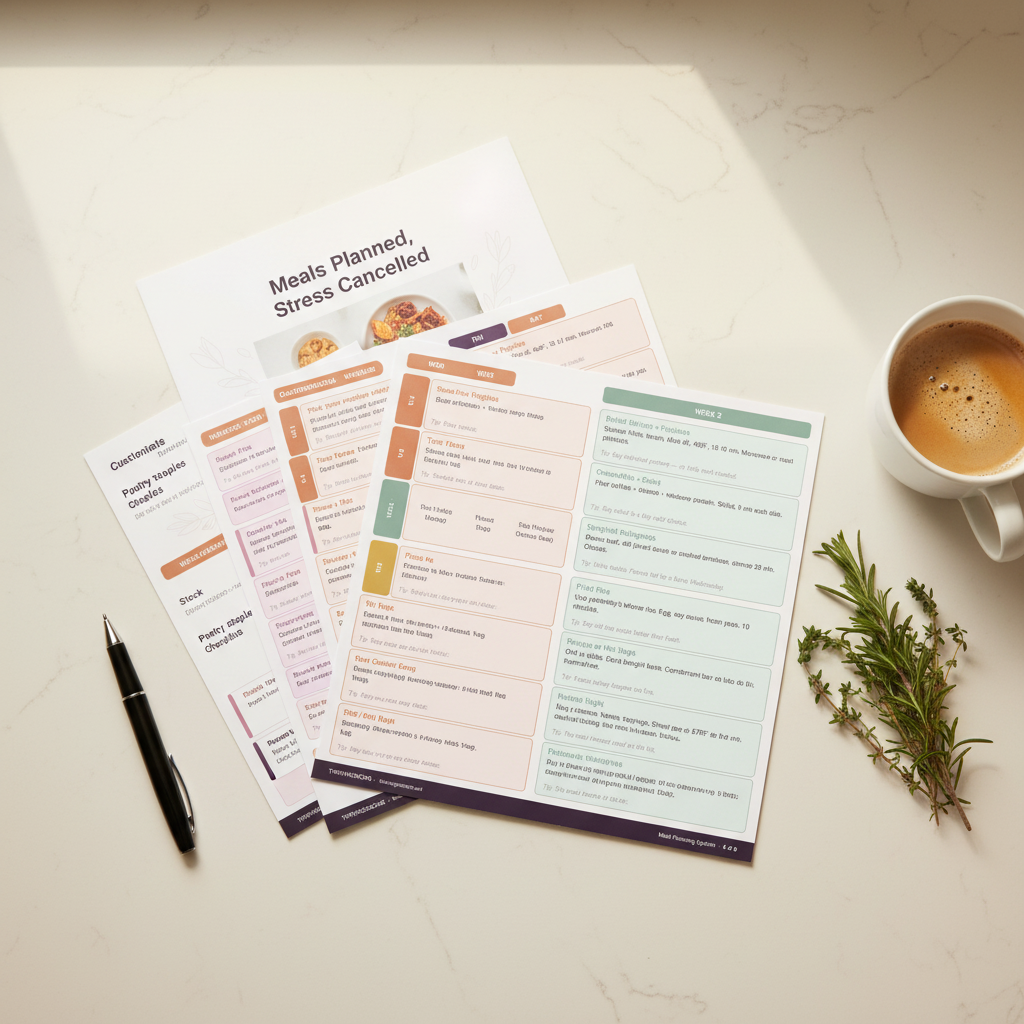 Flat lay of all 8 Meals Planned Stress Cancelled printed pages fanned out on kitchen counter with coffee and fresh herbs