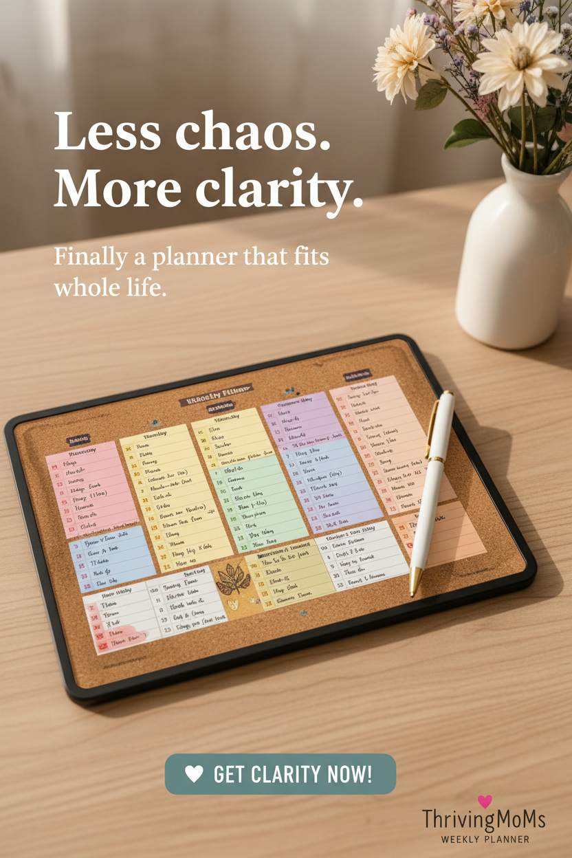 Close-up flat lay of printed cork board weekly planner with gold pen
