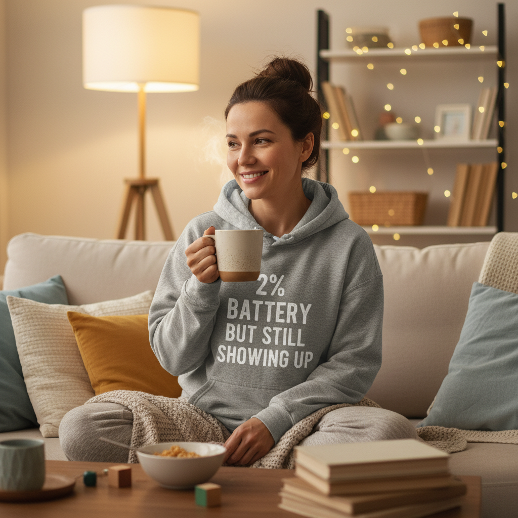 Tired but smiling mom wearing 2% Battery But Still Showing Up hoodie on couch with coffee