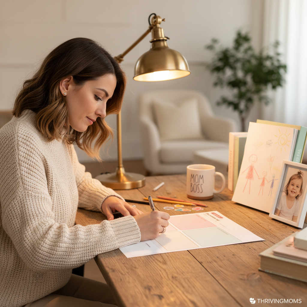 Mom at cozy desk filling out per-child development log worksheet with child's drawing visible nearby