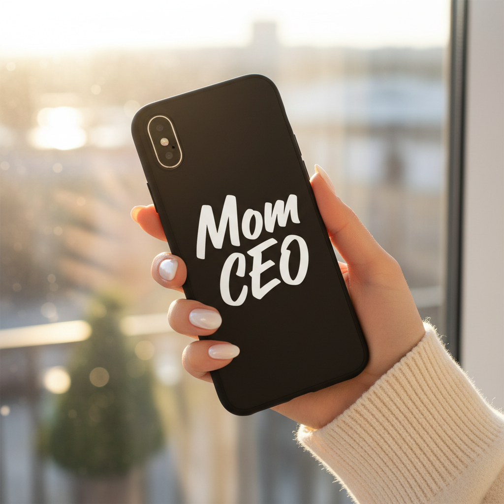 Hand holding Mom CEO phone case near window with soft bokeh background