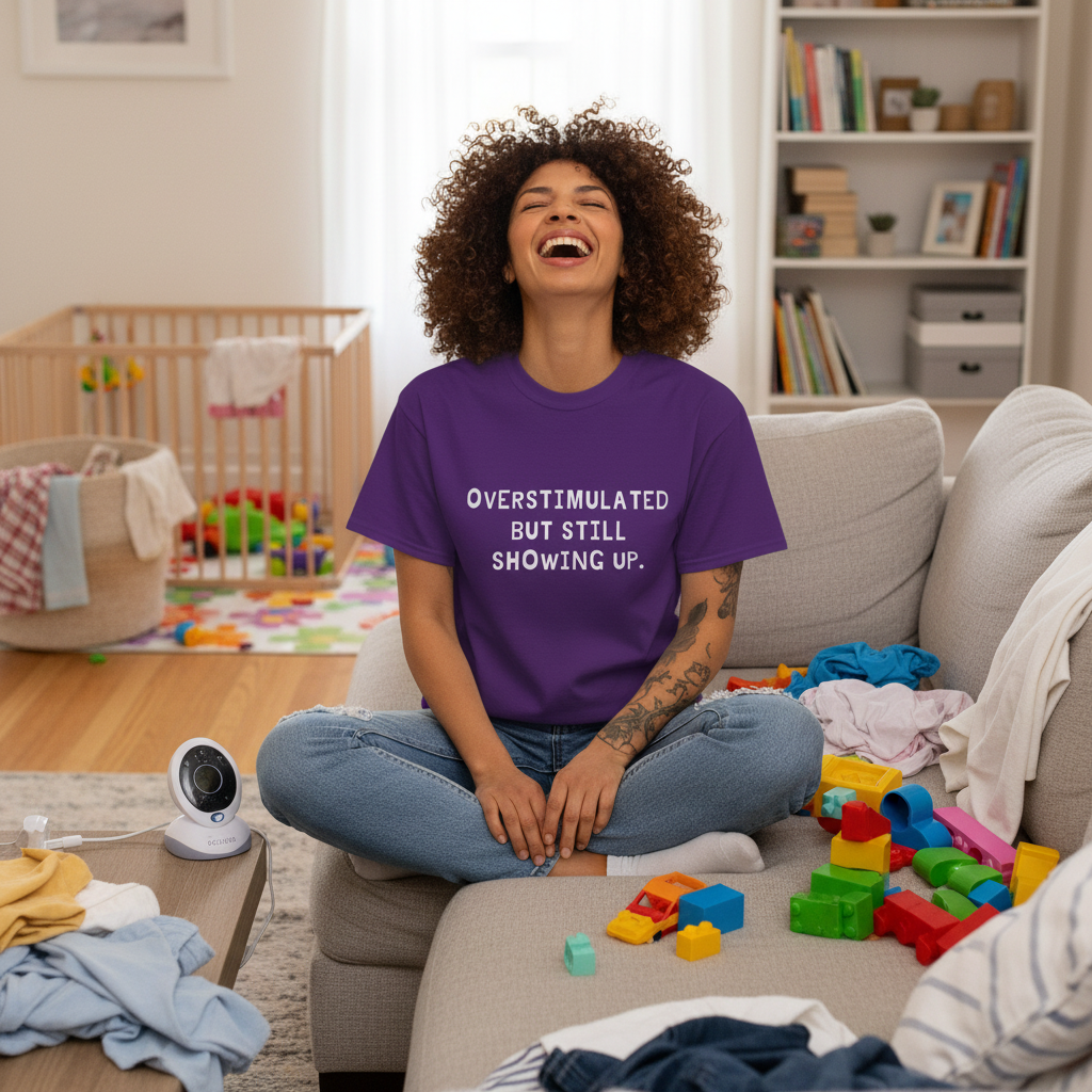 Overstimulated But Still Showing Up T-Shirt in Purple — relaxed fit, says it out loud — ThrivingMoms