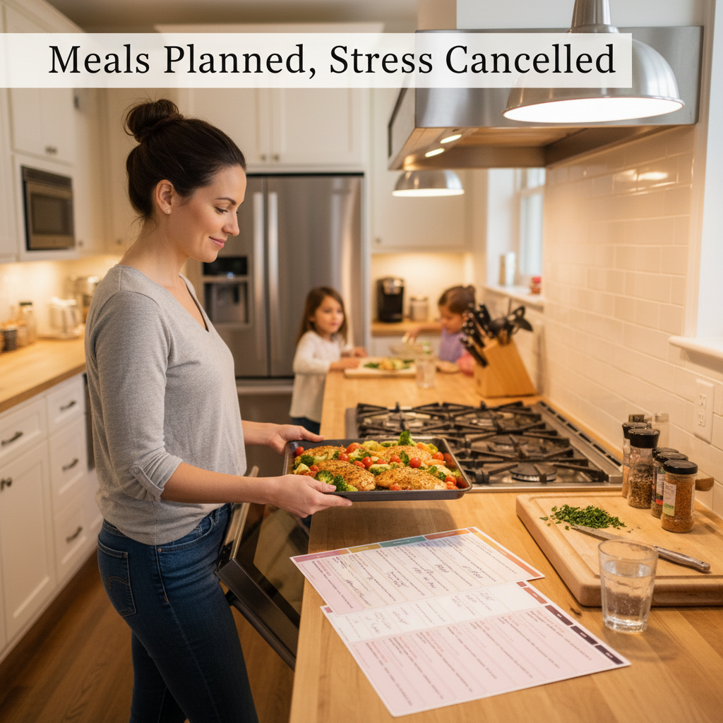 Mom cooking simple weeknight dinner in kitchen with printed dinner guide on counter looking calm and capable