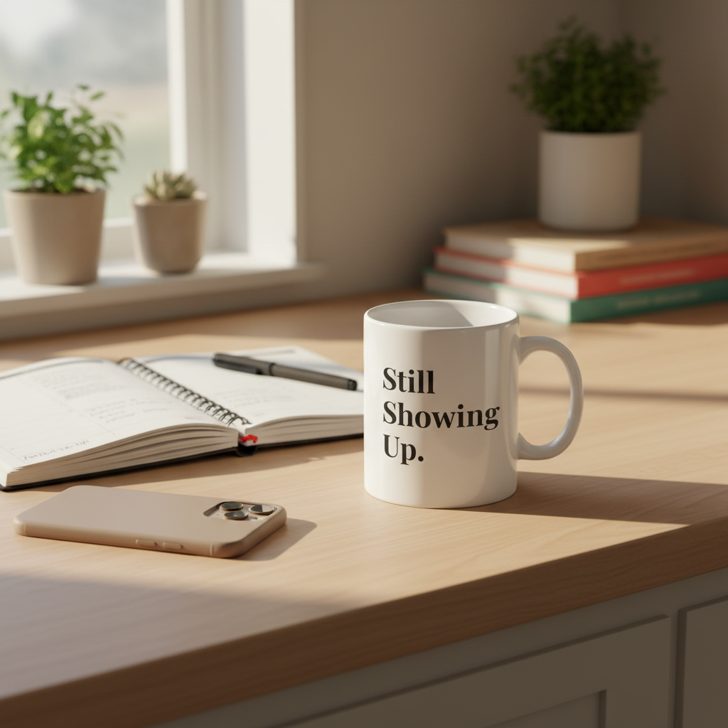 Still Showing Up mug on a counter next to a planner and phone