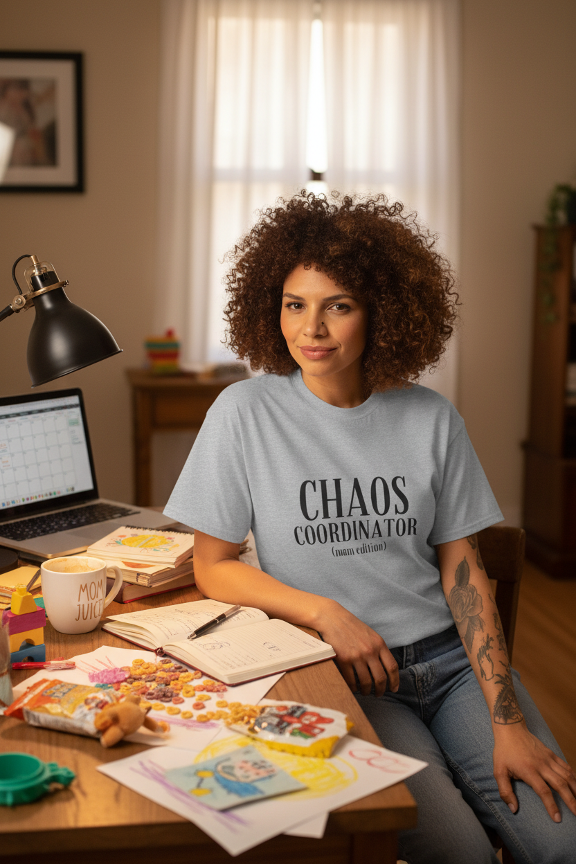 Chaos Coordinator Mom Edition T-Shirt in Heather Gray — mom smirking at desk with coffee — ThrivingMoms