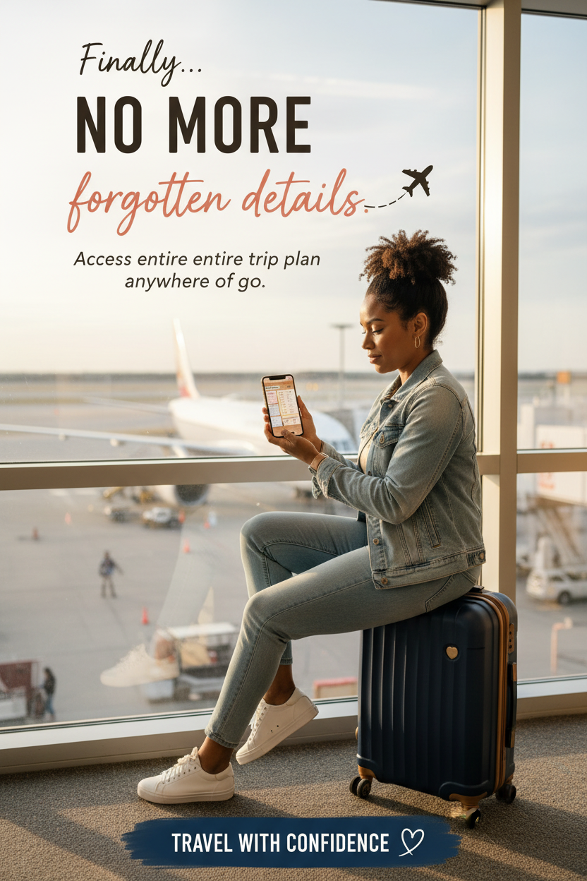 Woman at airport with phone showing ThrivingMoms travel planner