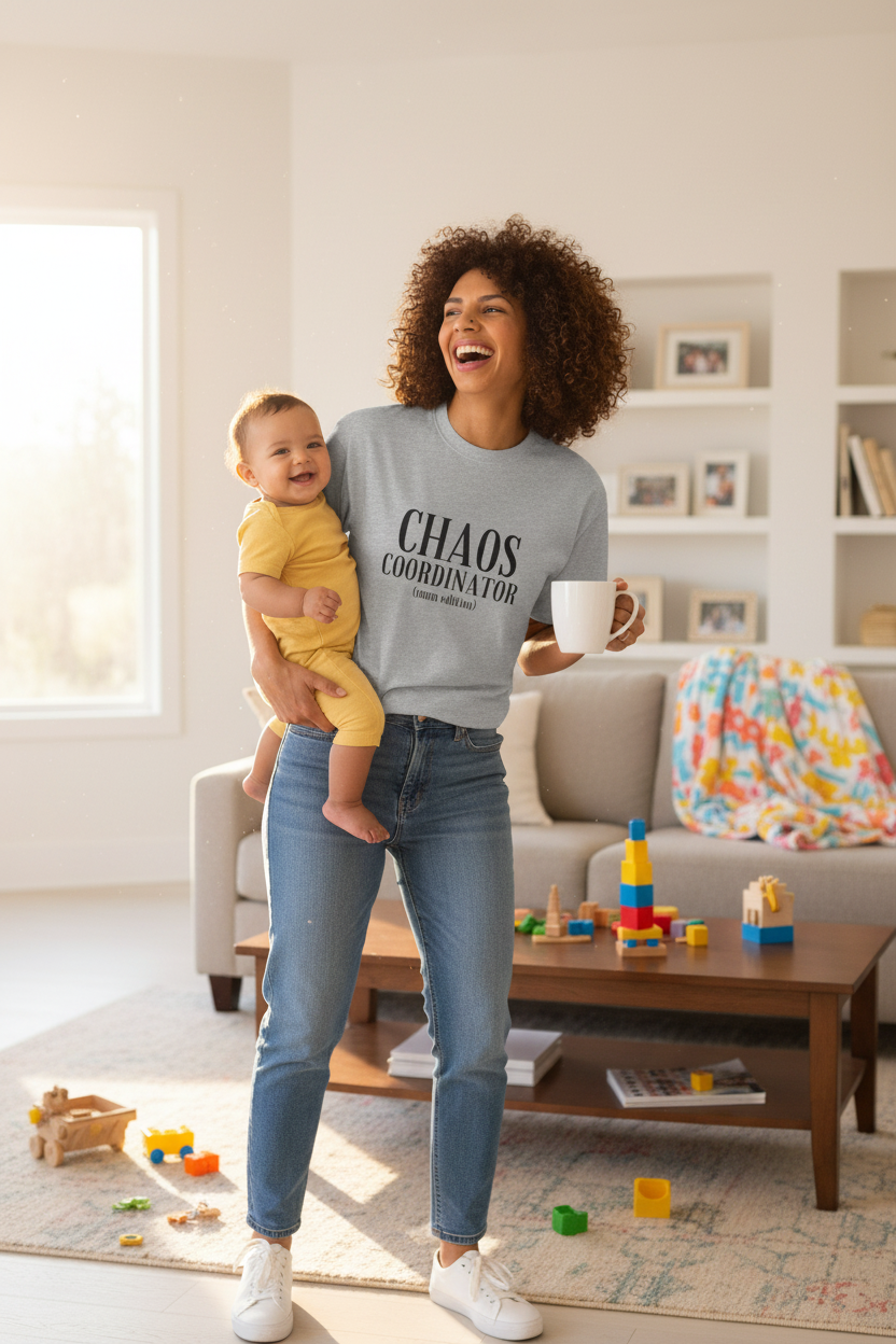 Chaos Coordinator Mom Edition T-Shirt in Heather Gray — mom multitasking with baby and coffee — ThrivingMoms