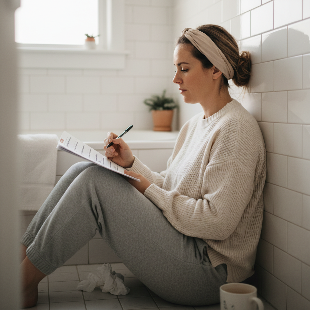 Mom sitting in quiet corner of home with Mom Rage Journal prompts in her lap writing with focus and relief
