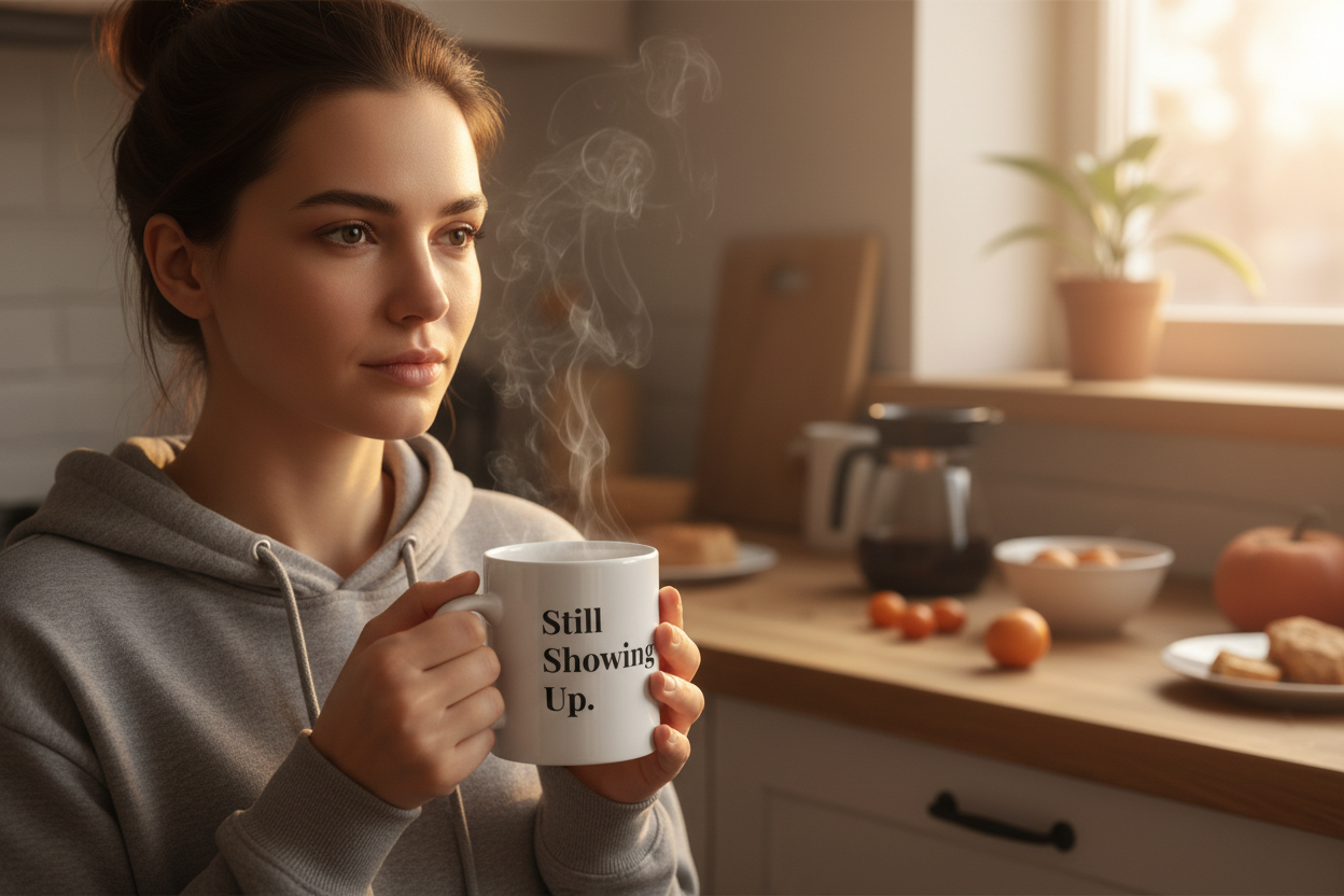 Mom holding Still Showing Up mug in a warm morning kitchen