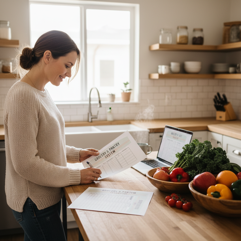Mom in bright organized kitchen reviewing printed meal plan and grocery list with fresh produce nearby