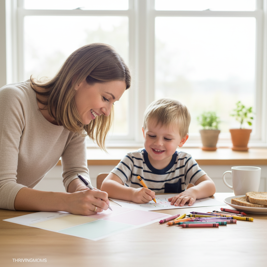 Mom and young child sitting together at kitchen table, mom writing in development log while child colors beside her