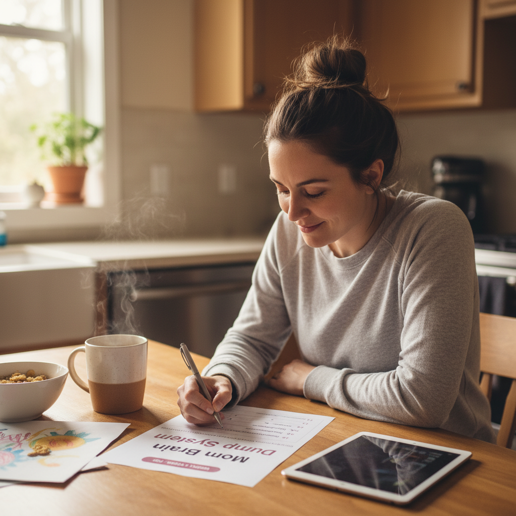 Mom sitting at kitchen table writing in brain dump worksheet with coffee nearby