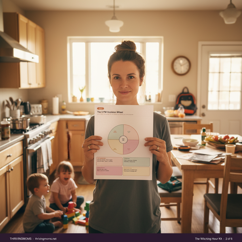 Mom in kitchen at 5 PM holding printed 5 PM Decision Wheel worksheet looking calm despite witching hour chaos