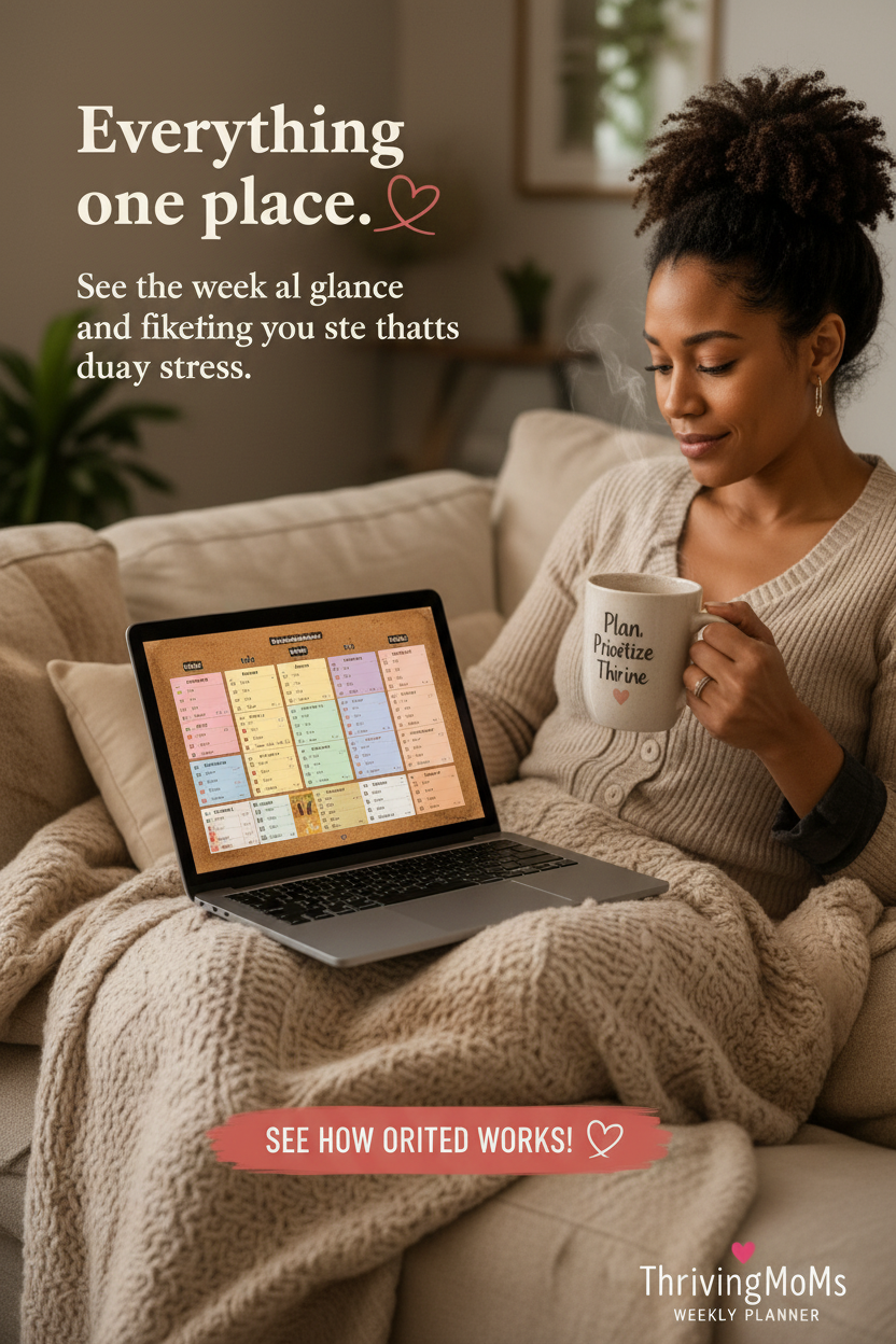 Mom on couch with coffee and laptop showing weekly planner