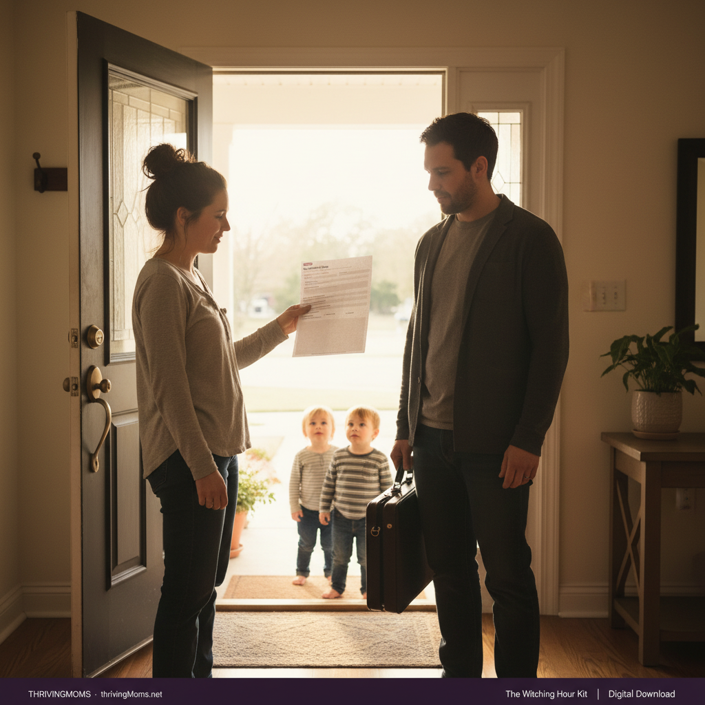 Mom handing printed Handoff Note to partner arriving home at 5 PM so he knows exactly what to do tonight