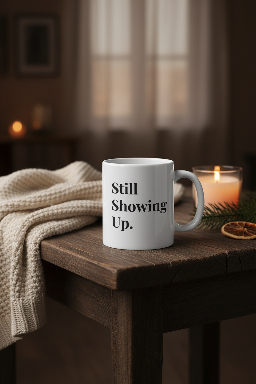 Still Showing Up mug styled on a rustic wooden table with a blanket and candle