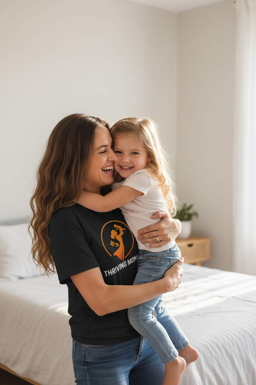 Thriving Moms T-Shirt in Black — mom hugging child — ThrivingMoms