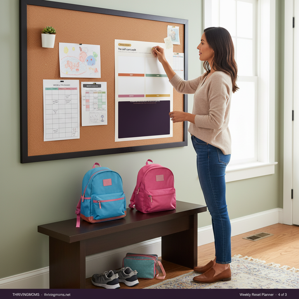 Mom pinning back-to-school command center sheets to bulletin board with kids backpacks visible in background