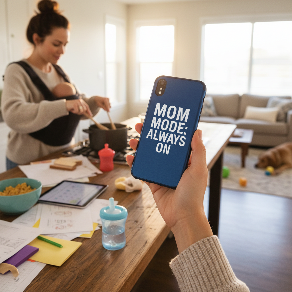 Busy mom holding Mom Mode Always On phone case while cooking in kitchen