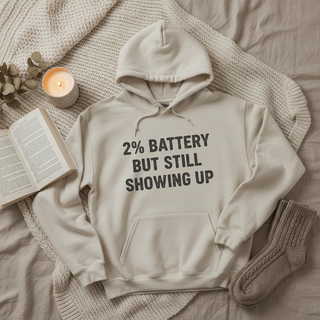 2% Battery But Still Showing Up hoodie flat lay on cozy bed with candle and book