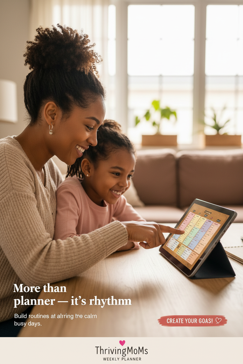 Mom and daughter using tablet with cork board weekly planner